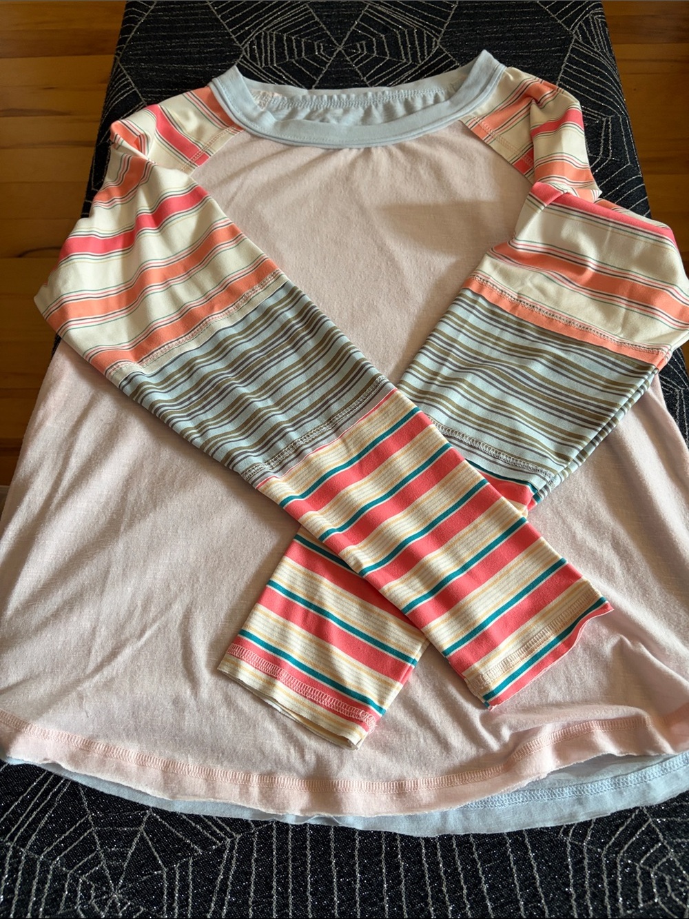 Women’s Long-Sleeve Raglan Tee - Pink with Multi-Stripe Sleeves